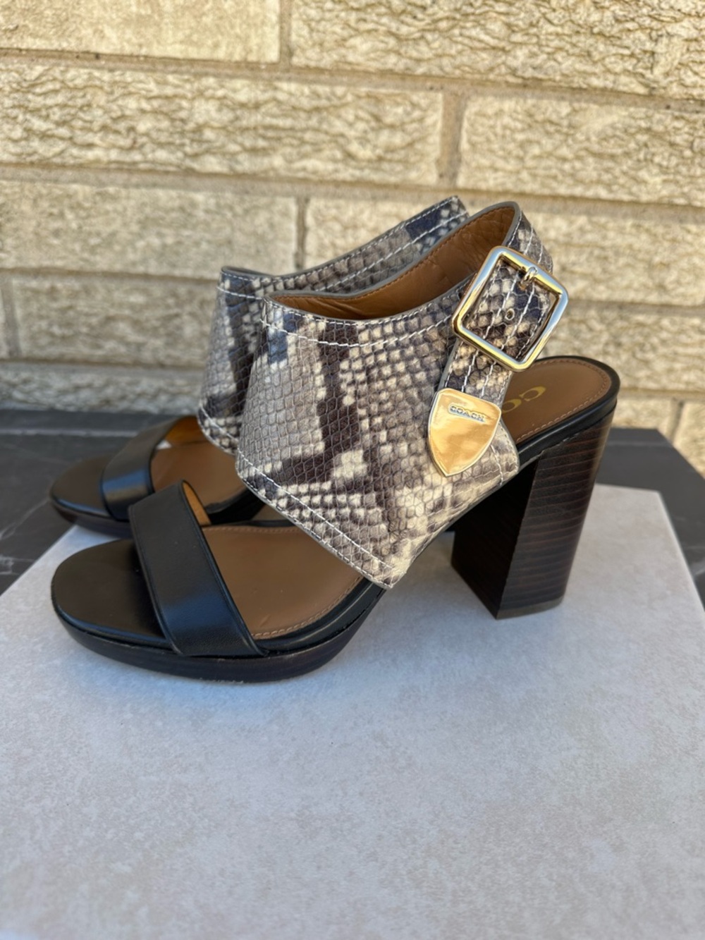 COACH BETSY MAT CALF/LUX SNAKE BLACK NATURAL SANDALS Open Toe Heels Sz 7 - Picture 3 of 10